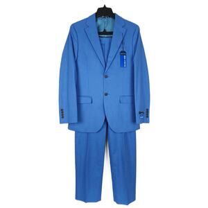 Nautica Mens Modern Fit 2 Piece Suit 36R 30x32 Blue Solid Stretch Linen Cotton